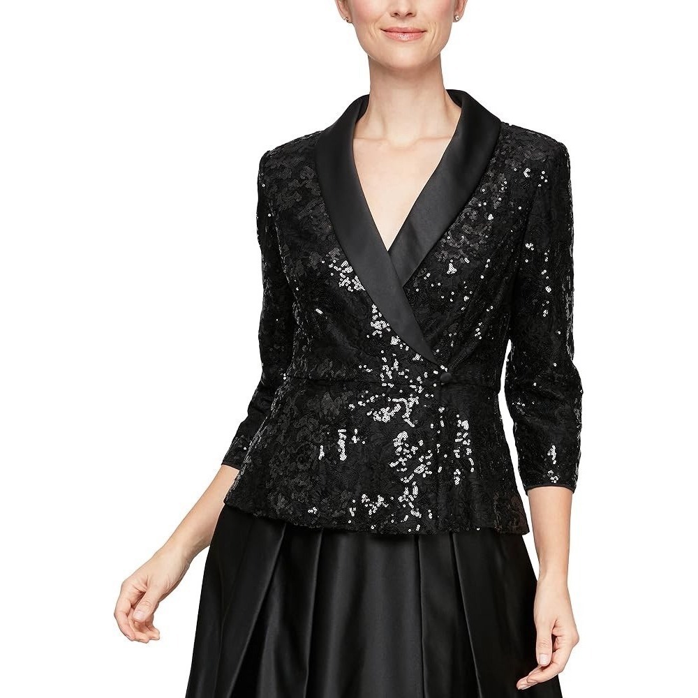 NWT Alex Evenings Women's 3X Sequin Lace Blazer Jacket Blouse Black Wedding Gala